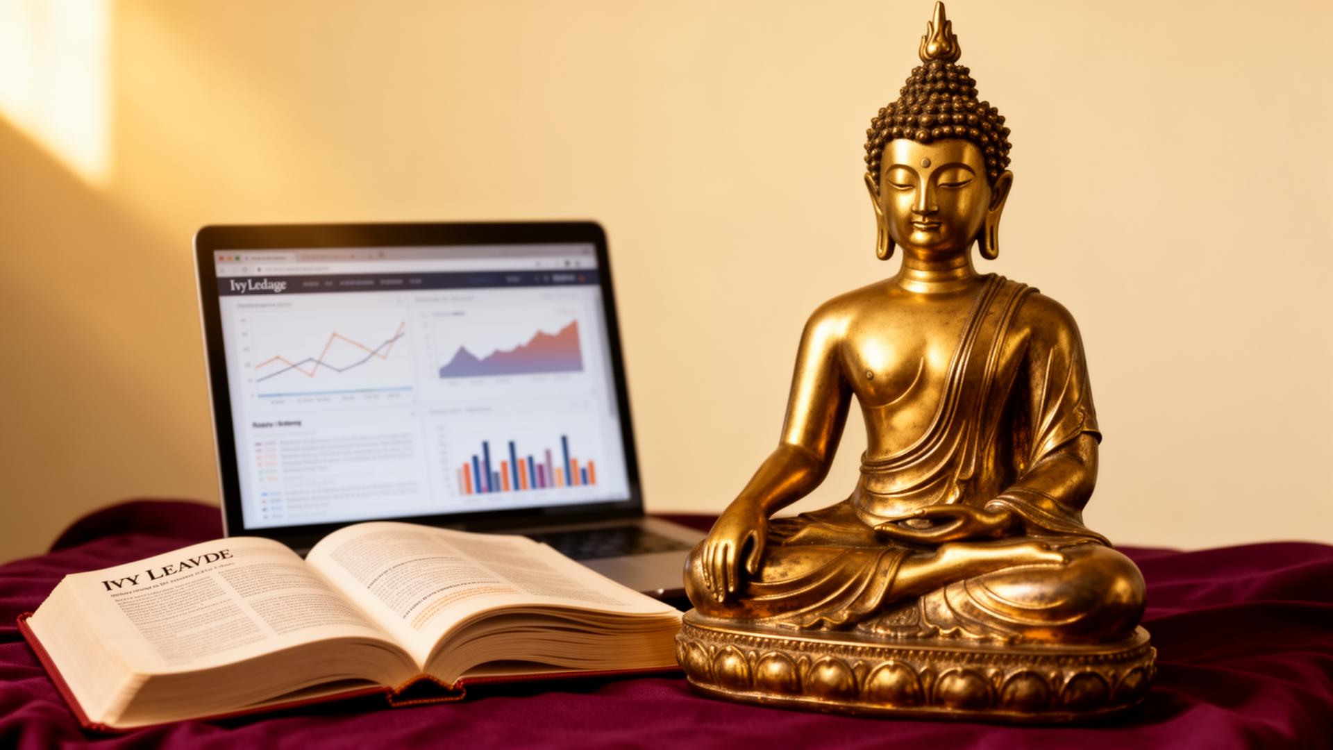 Golden Buddha statue beside an open textbook and laptop showing marketing analytics